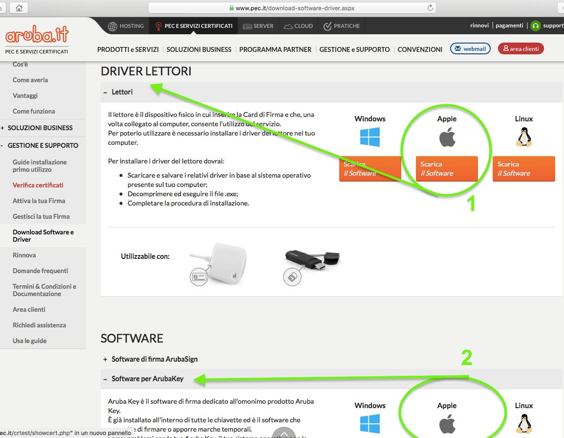 La pagina di download Aruba: driver del lettore (1) e software per Aruba Key (2)